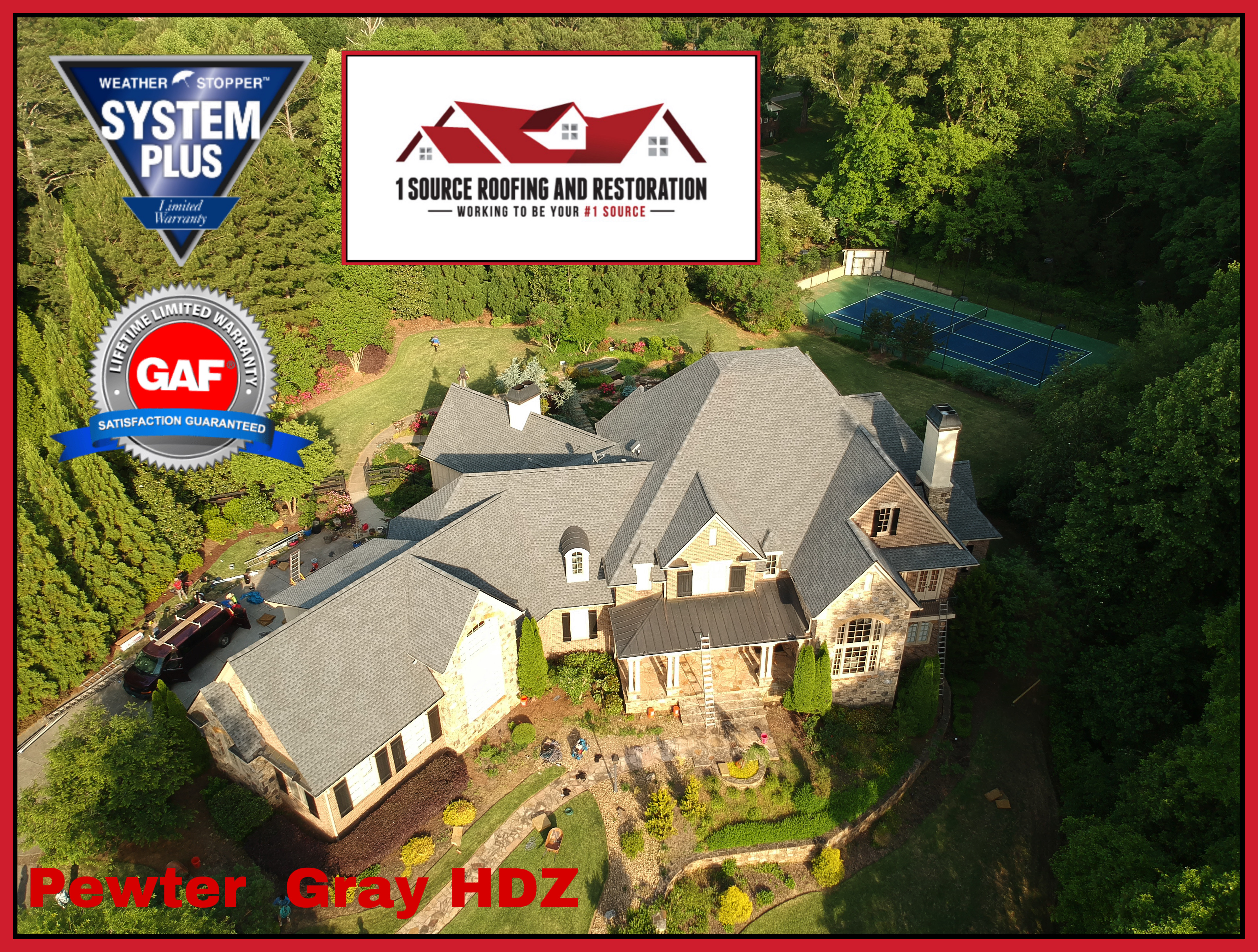 Pewter Gray roof replacement on luxury home — drone photography